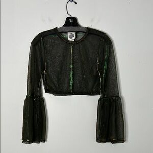 The Ragged Priest Green Shimmer Bell Sleeve Crop Top